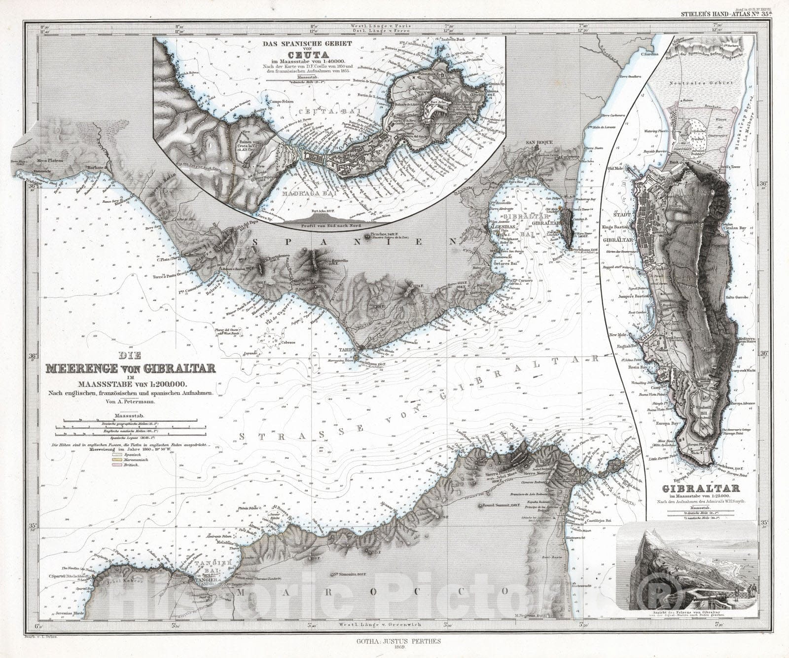 Historic Map : Ceuta , Spain, Gibraltar 1869 Die Meerenge von Gibraltar. (Strait of Gibraltar). , Vintage Wall Art