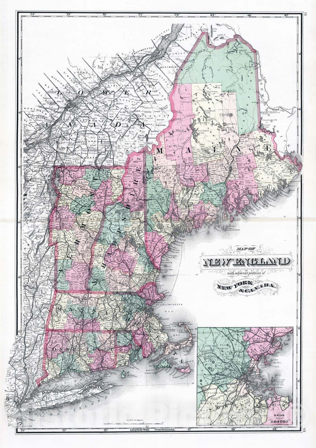 Historic Map : 1877 New England with adjacent portions of New York & Canada. - Vintage Wall Art