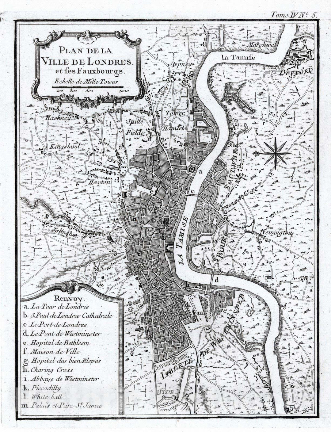 Historic Map : England , London (England), Europe 1764 Plan de la Ville de Londres et aes Fauxbourga , Vintage Wall Art