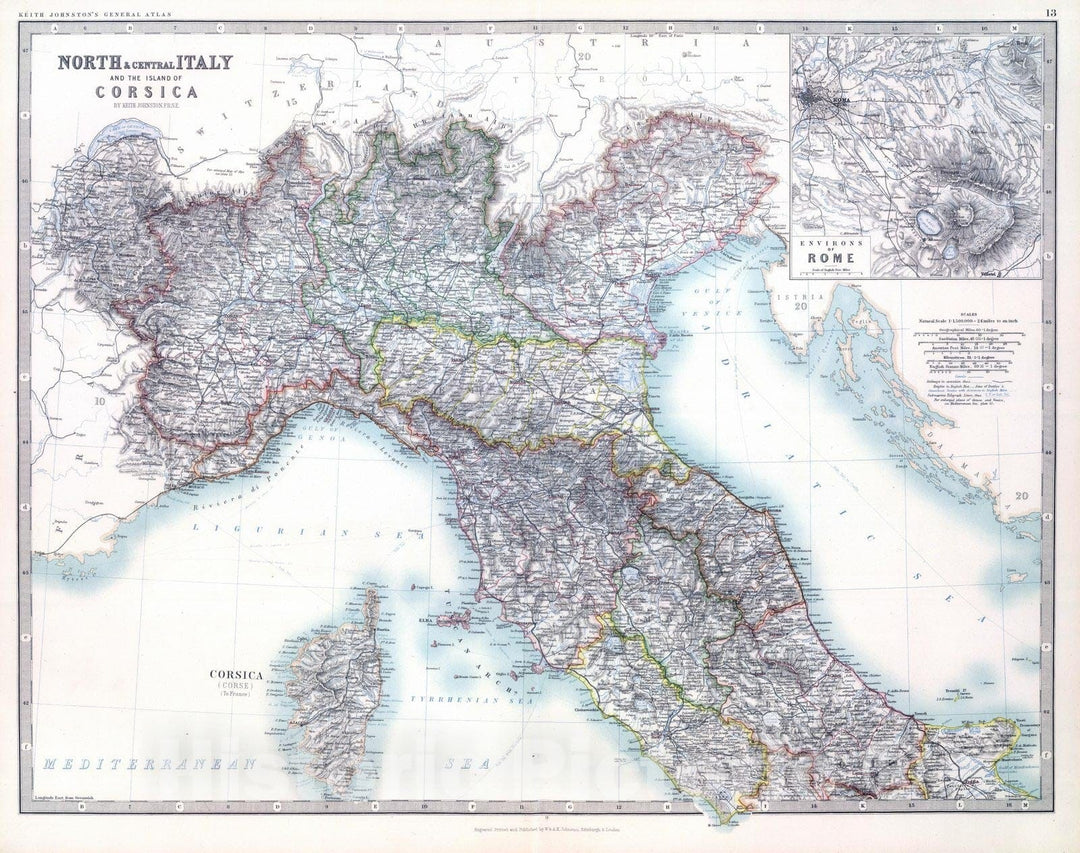 Historic Map : 1893 North & Central Italy and Corsica. - Vintage Wall Art