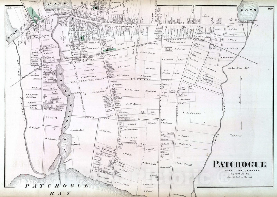 Historic Map : 1873 Patchogue, in Brookhaven. Long Island. - Vintage Wall Art