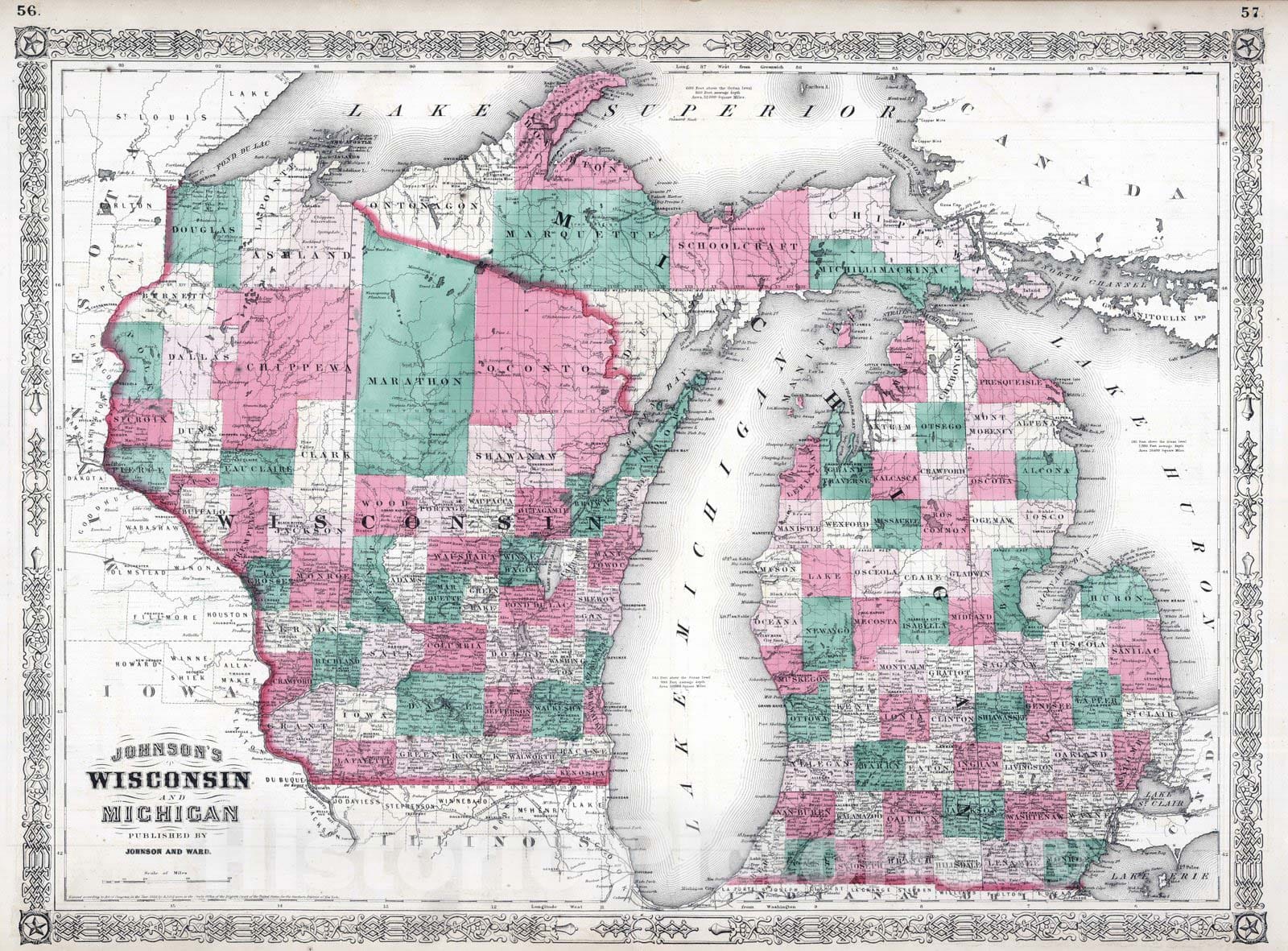 Historic Map : 1864 Wisconsin And Michigan v2 - Vintage Wall Art