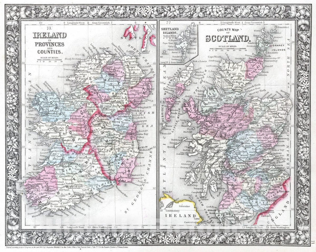 Historic Map : 1865 County map of Scotland - Vintage Wall Art