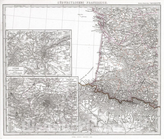 Historic Map : France , Paris France, 1866 Sudwestliches Frankreich. (Southwest France). , Vintage Wall Art