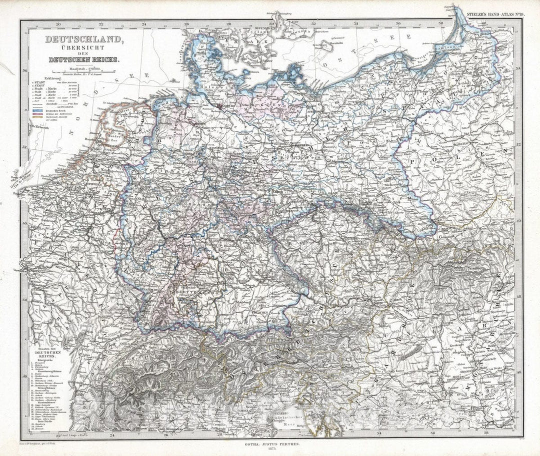 Historic Map : Austria; Germany; Hungary; Poland, 1873 Deutschland Ubersicht des Deutschen Reichs. (Germany and German Reich). , Vintage Wall Art