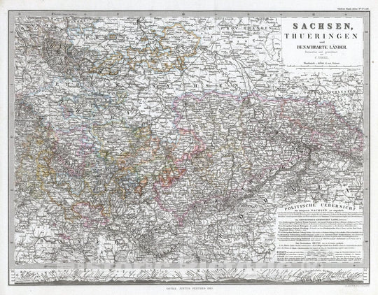 Historic Map : Germany, 1863 Sachsen, Thuringen und Benachbarte Laender. (Saxony, Thuringen and Neighboring Countries). , Vintage Wall Art