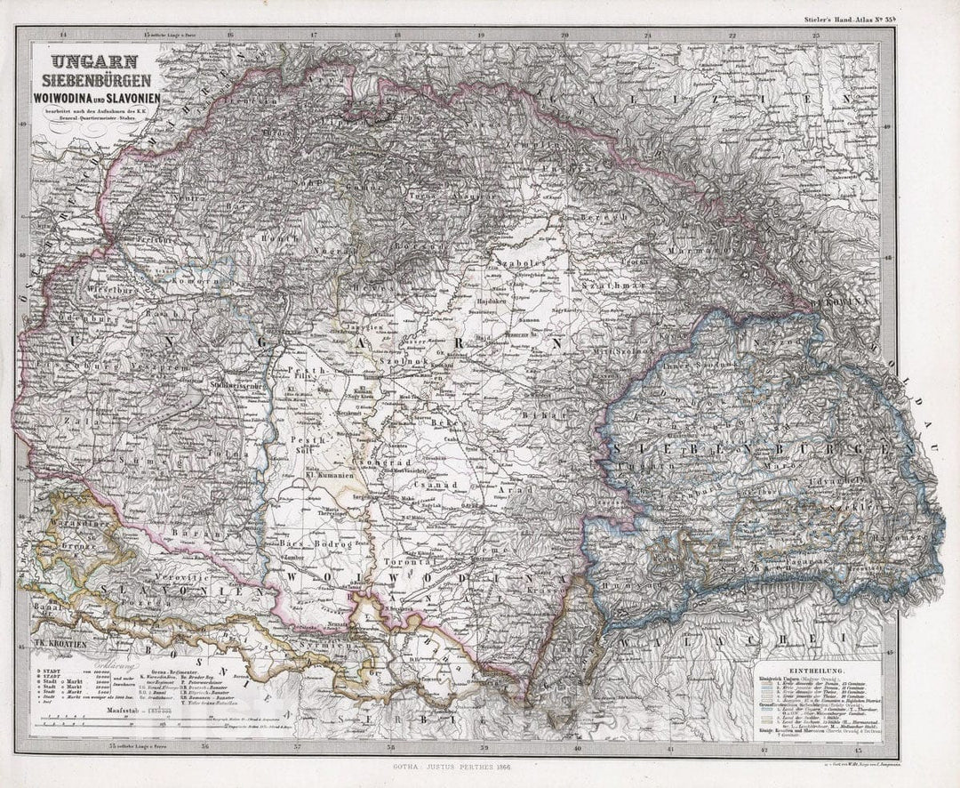 Historic Map : Hungary; Slovakia, Transylvania 1866 Ungarn, Siebenburgen, Woiwodina und Slavonien. (Hungary, Transylvania, Vojvodina and Slovakia.), Vintage Wall Art