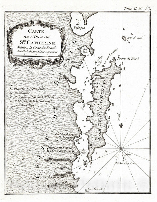 Historic Map : Brazil, 1764 Carte de I'isle de St. Catherine situe a la coste du Bresil. , Vintage Wall Art