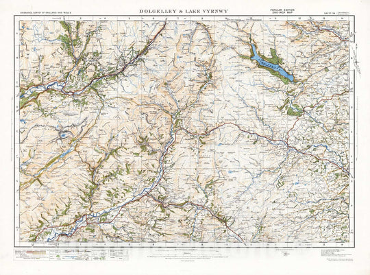 Historic Map : National Atlas - 1919 Sheet 59. Dolgelly & Lake Vyrnwy. - Vintage Wall Art