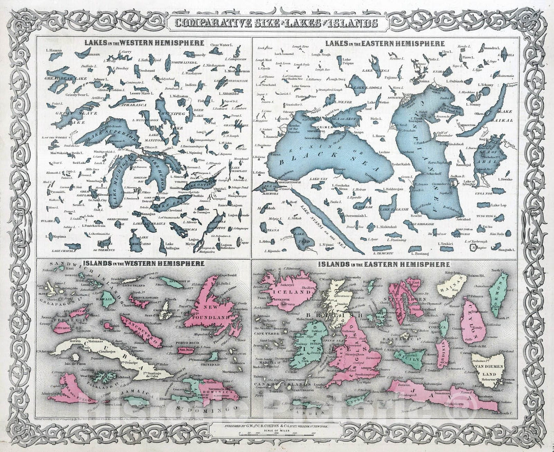 Historic Map : 1869 Comparative Size of Lakes and Islands of the world. - Vintage Wall Art