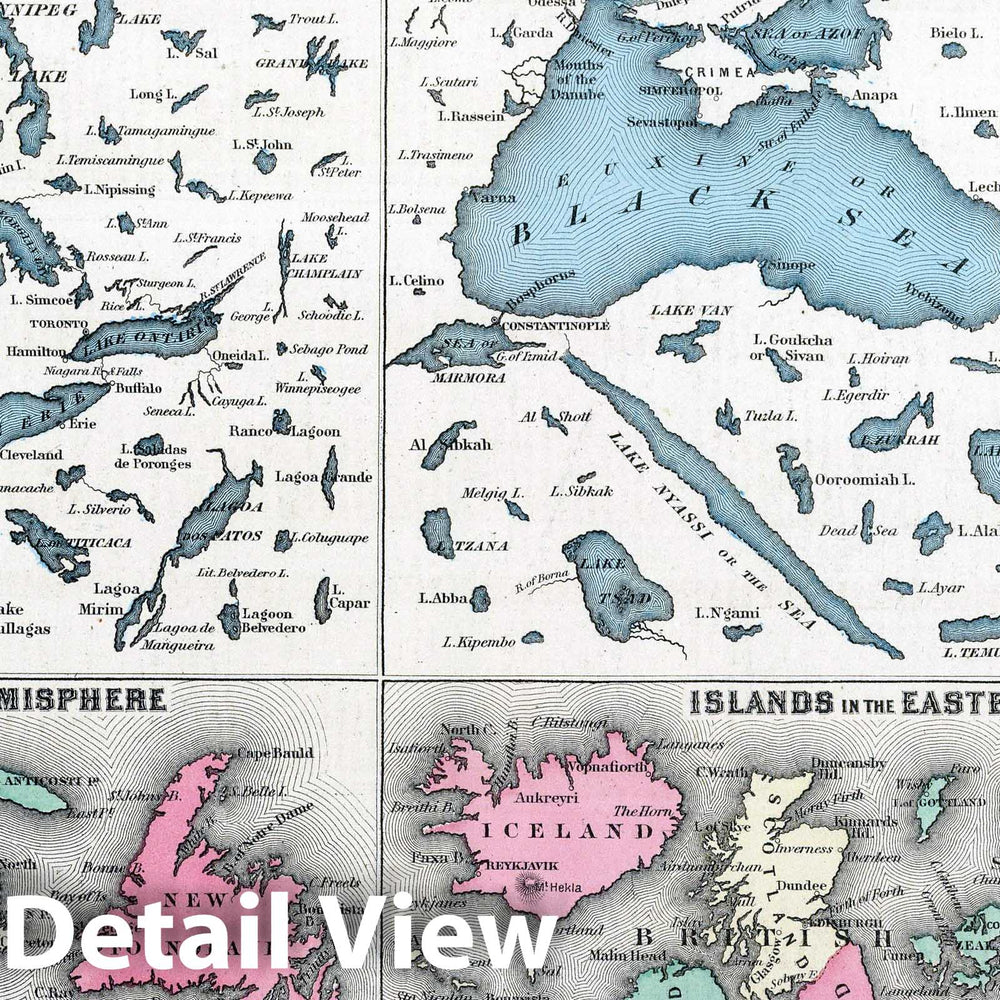 Historic Map : 1869 Comparative Size of Lakes and Islands of the world. - Vintage Wall Art