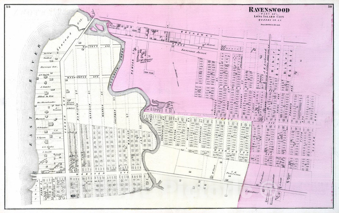 Historic Map : 1873 Ravenswood, Part of Long Island City. Long Island. - Vintage Wall Art