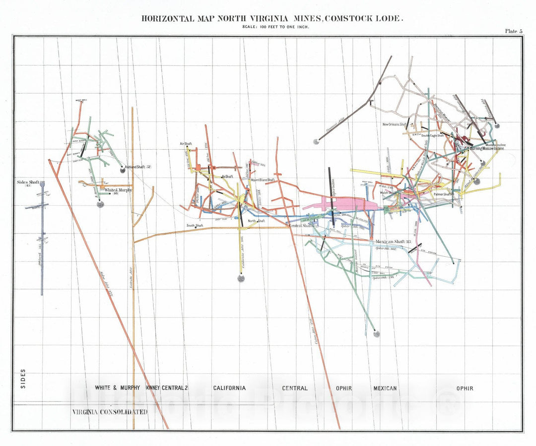 Historic Map : Geologic Atlas - 1870 Plate 5. Horizontal Map North Virginia Mines Workings, Comstock Lode. - Vintage Wall Art