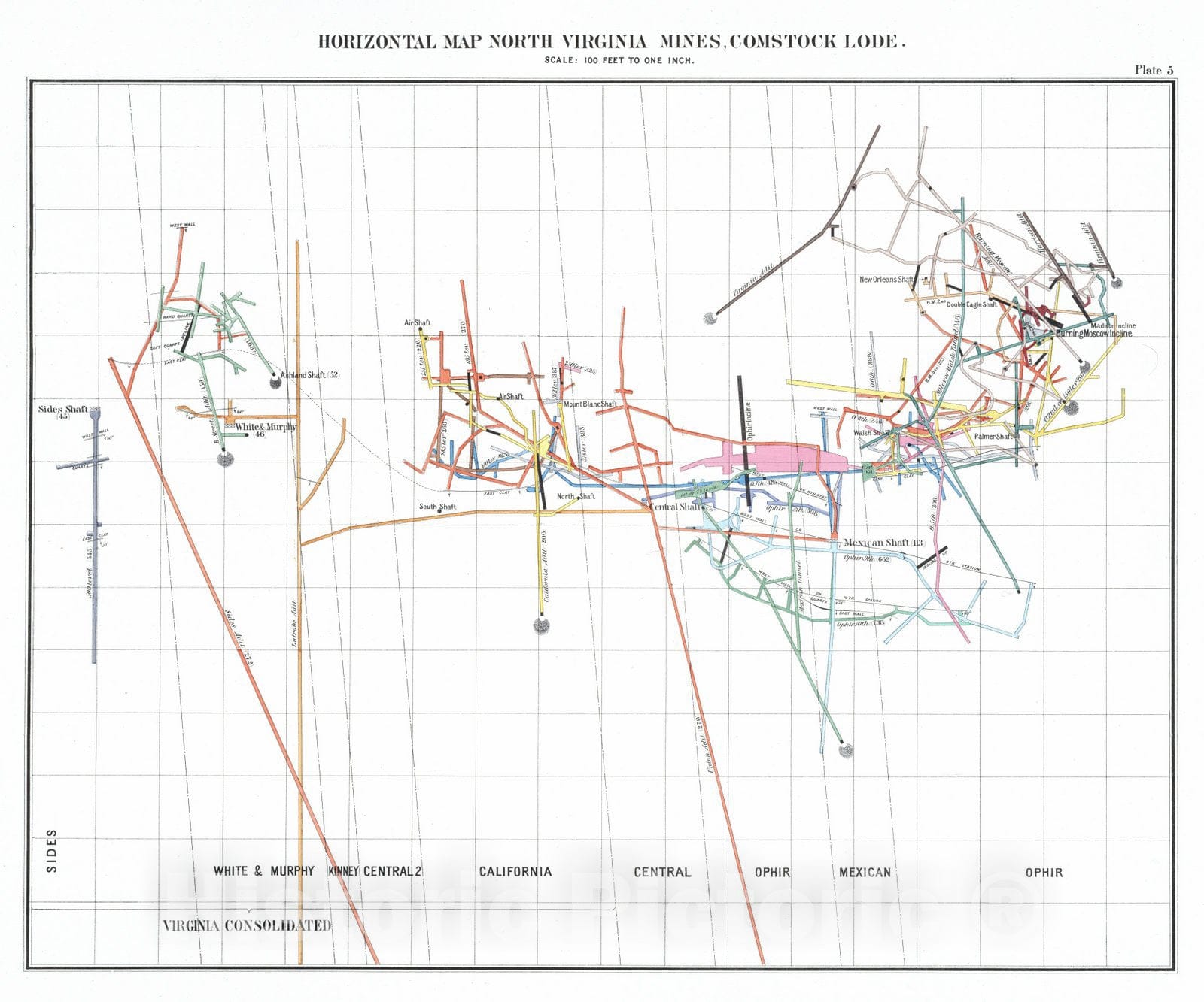 Historic Map : Geologic Atlas - 1870 Plate 5. Horizontal Map North Virginia Mines Workings, Comstock Lode. - Vintage Wall Art