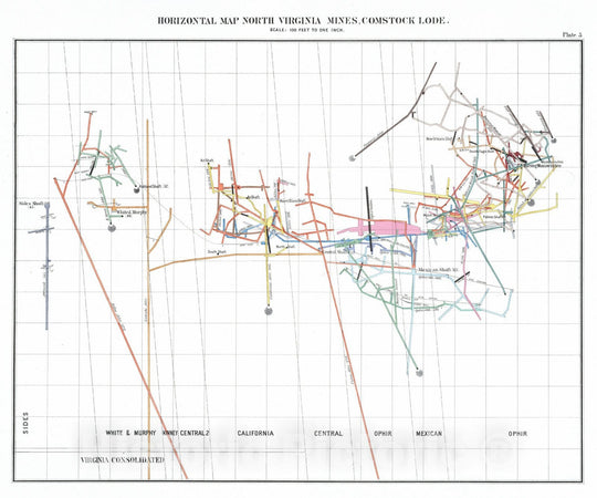 Historic Map : Geologic Atlas - 1870 Plate 5. Horizontal Map North Virginia Mines Workings, Comstock Lode. - Vintage Wall Art