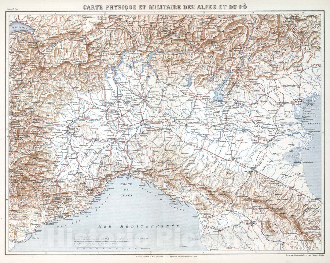 Historic Map : Italy; Switzerland, 1882 Carte Physique et Militaire des Alpes et du Po. , Vintage Wall Art