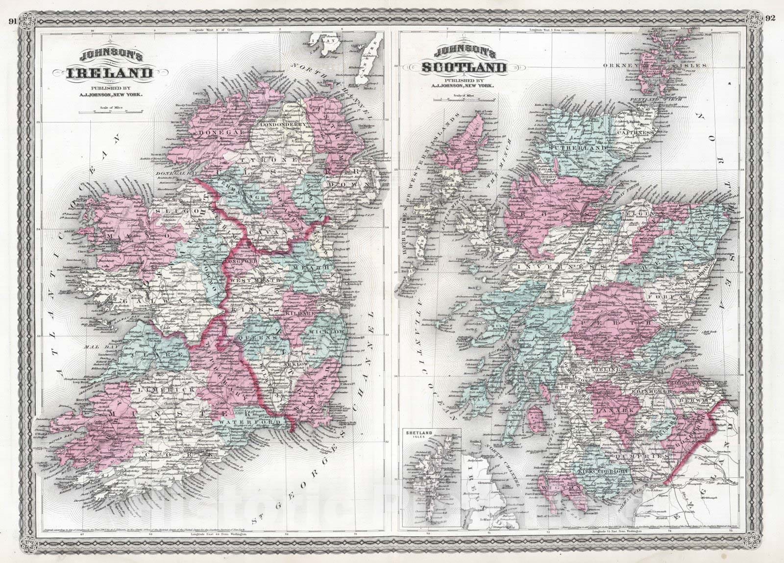 Historic Map : 1870 Ireland. Scotland. - Vintage Wall Art