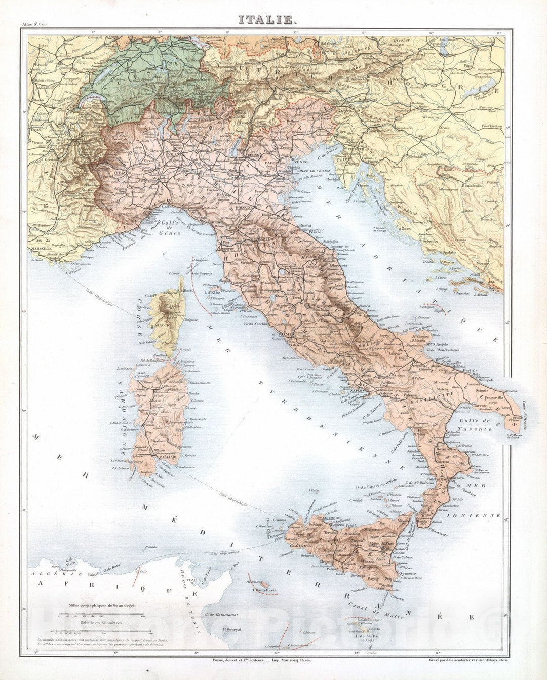 Historic Map : Italy; Switzerland, 1882 Italie. , Vintage Wall Art