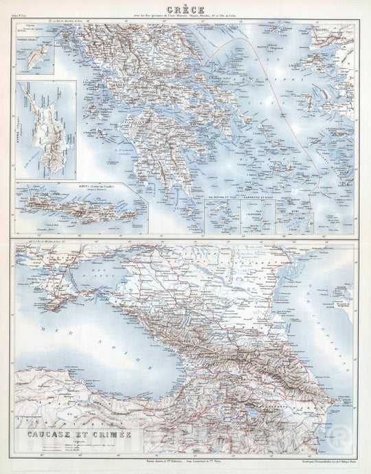 Historic Map : Greece; Russian Federation, 1882 Grece. Caucase et Crimee. , Vintage Wall Art