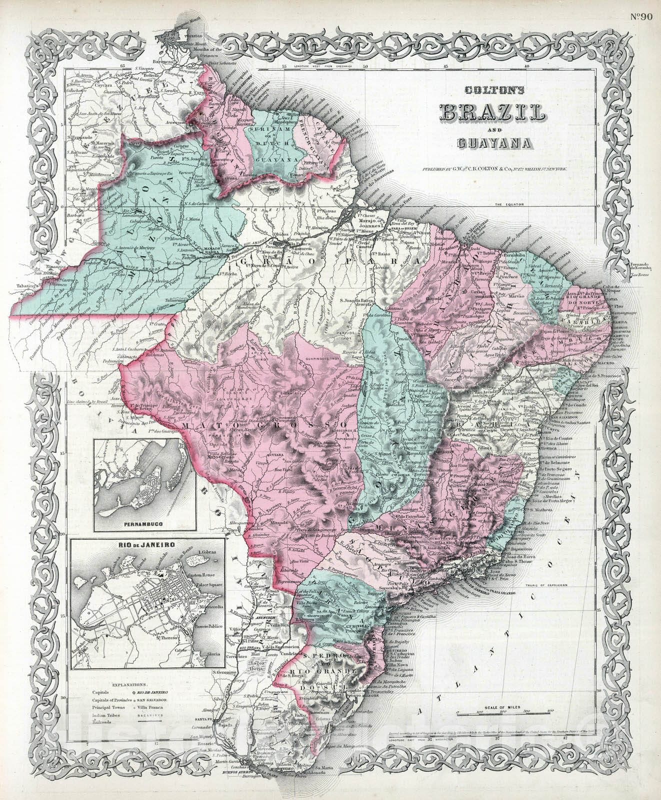 Historic Map : 1869 Brazil and Guayana. - Vintage Wall Art