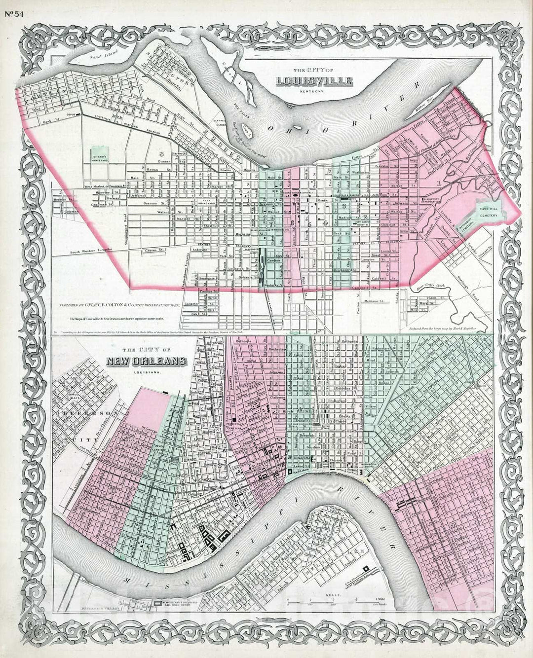 Historic Map : 1869 Louisville, Kentucky. New Orleans, Louisiana. - Vintage Wall Art