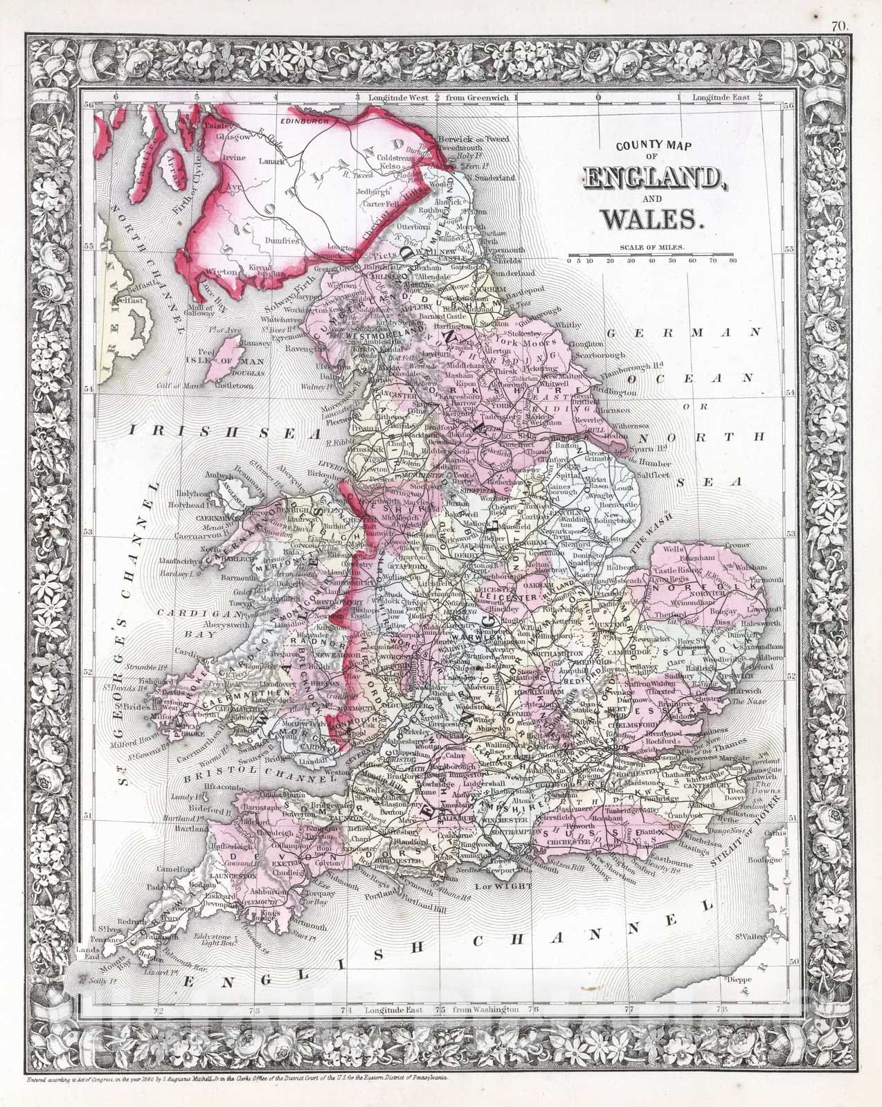 Historic Map : 1865 County map of England and Wales - Vintage Wall Art