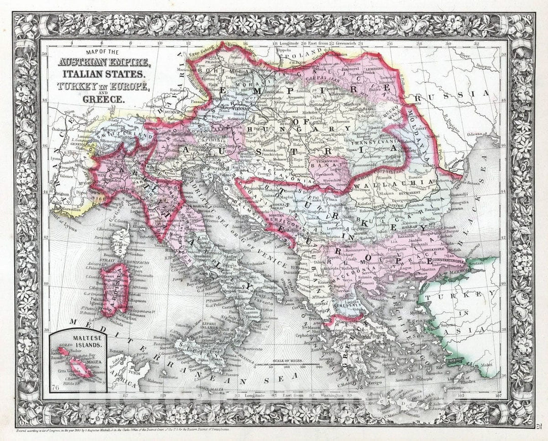 Historic Map : 1865 Map of the Austrian Empire, Italian States, Turkey in Europe and Greece : Vintage Wall Art