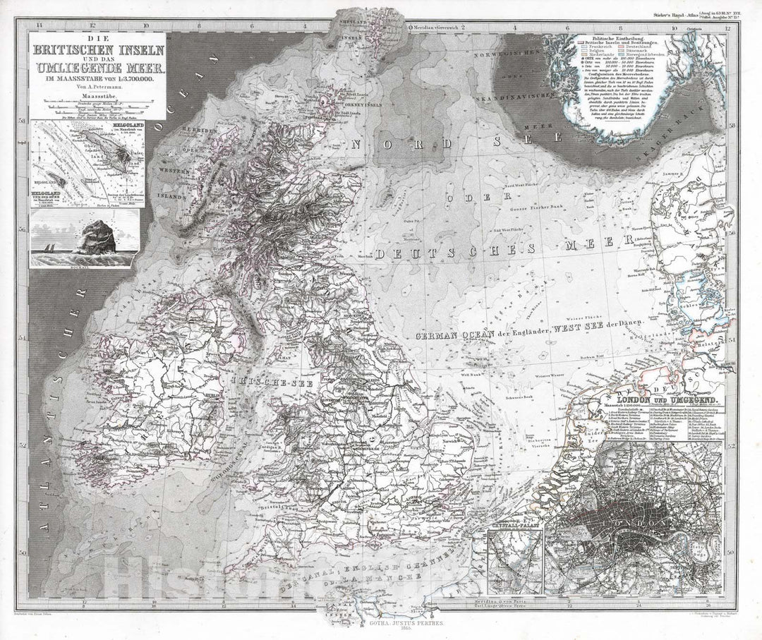 Historic Map : England; Scotland; Wales; Ireland, British Isles 1865 Die Britischen Inseln und das Umliegende Meer. (British Isles and North Sea). , Vintage Wall Art