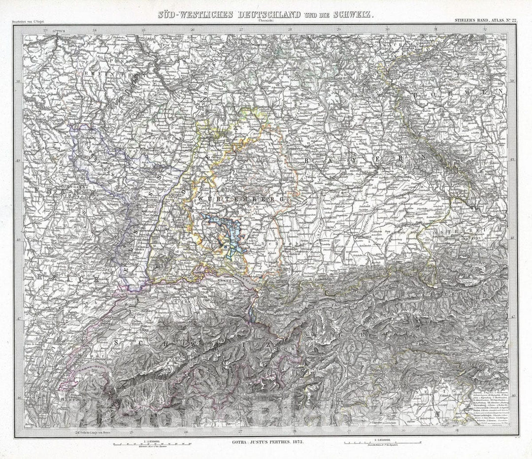 Historic Map : Switzerland; Germany, 1873 Sud-westliches Deutschland und die Schweiz. (Southwest Germany. Switzerland.) , Vintage Wall Art