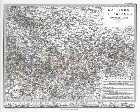 Historic Map : Germany, 1867 Sachsen, Thuringen und Benachbarte Laender. (Saxony, Thuringen and Neighboring Countries). , Vintage Wall Art