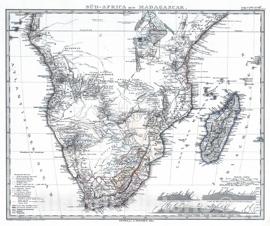 Historic Map : South America; Lesotho; Madagascar; Mozambique, 1864 Sud-Afrika (Southern Africa) mit Madagascar. , Vintage Wall Art