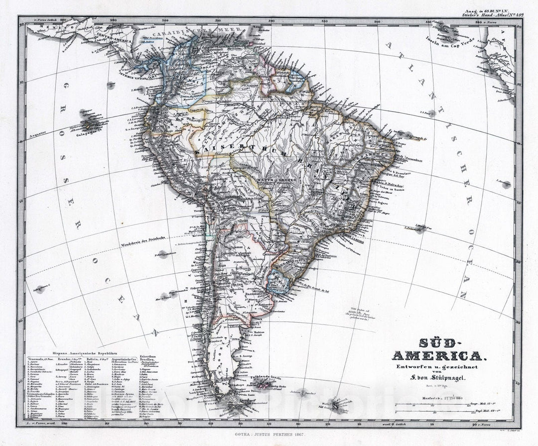 Historic Map : 1867 Sud-Amerika. (South America). - Vintage Wall Art