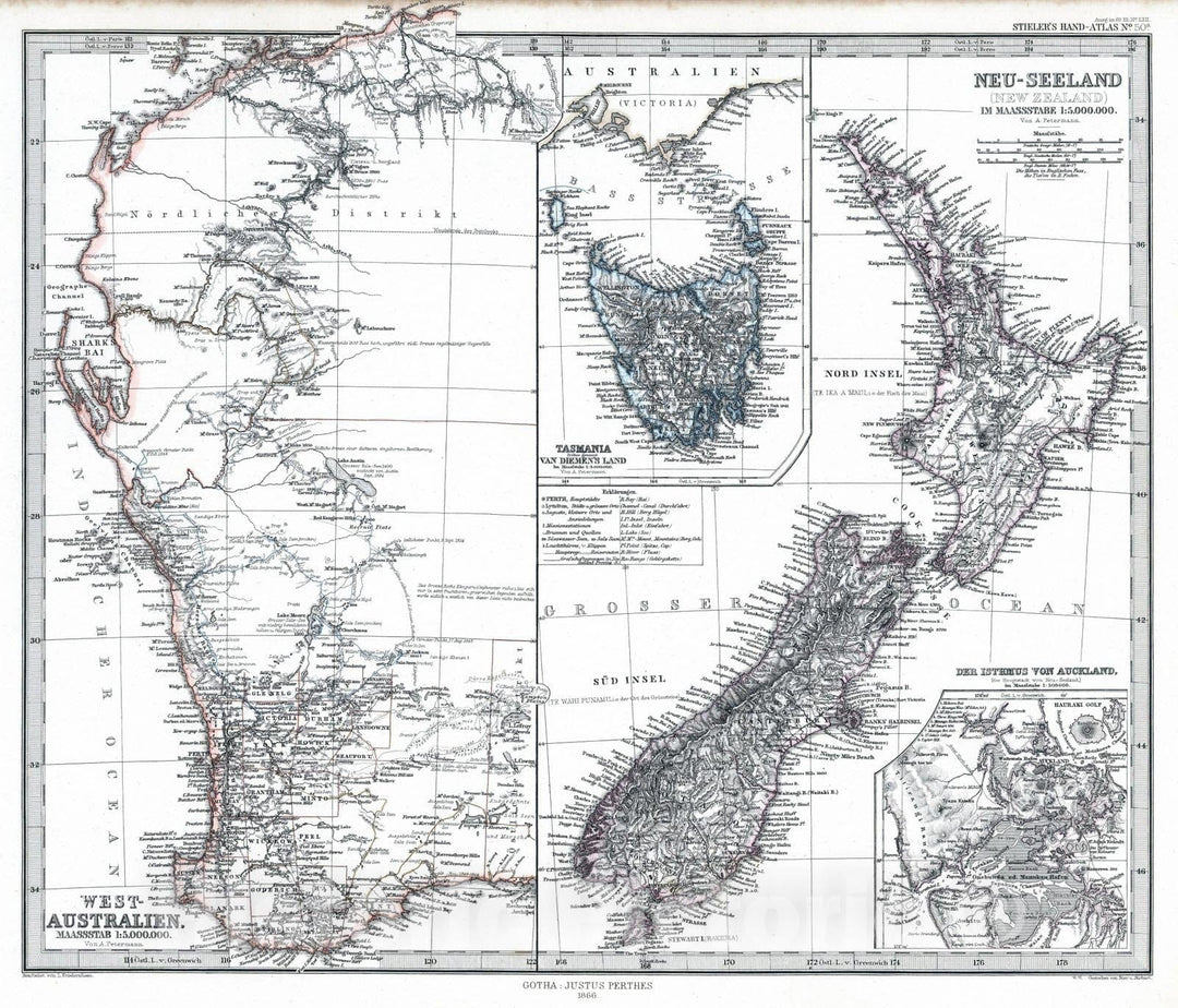 Historic Map : Australia; New Zealand, 1866 West-Australien. Neu-Zeeland. Tasmania, van Damien's Land. (Australia, New Zealand). , Vintage Wall Art