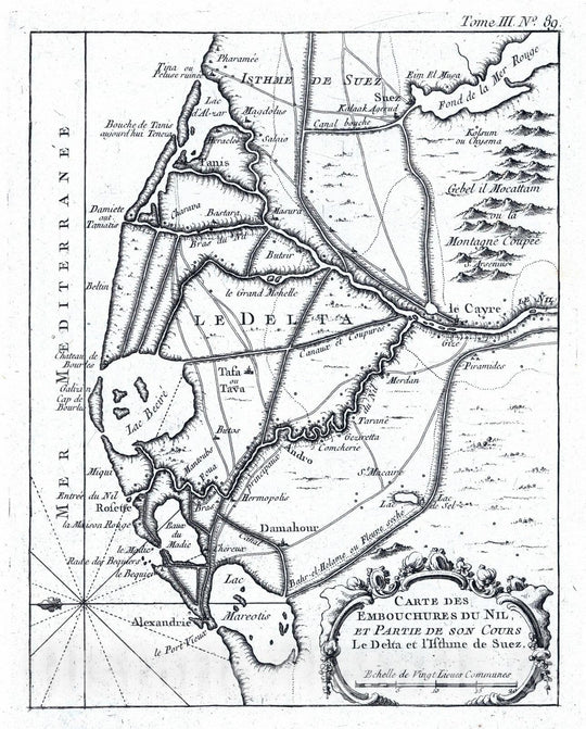 Historic Map : Egypt, Nile Delta 1764 Carte Des Embouchures Du Nil, Et Partie De Son Cours, Le Delta et l'Isthme de Suez , Vintage Wall Art