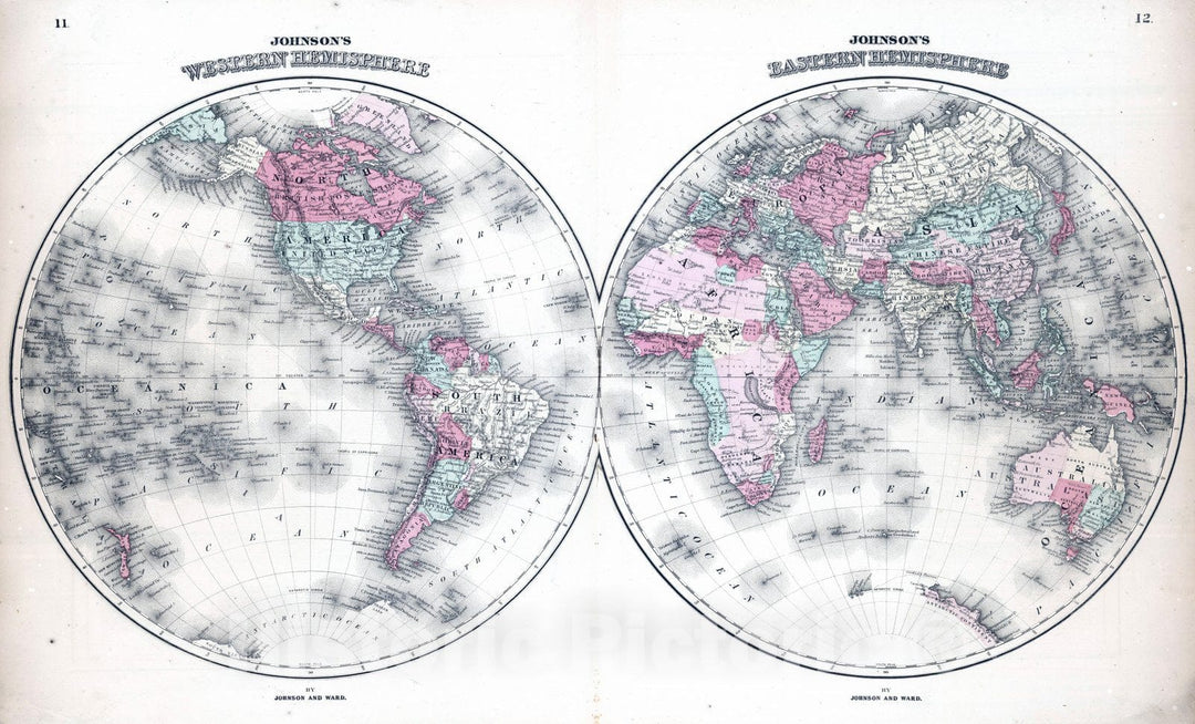 Historic Map : 1864 Western Hemisphere, Eastern Hemisphere : Vintage Wall Art