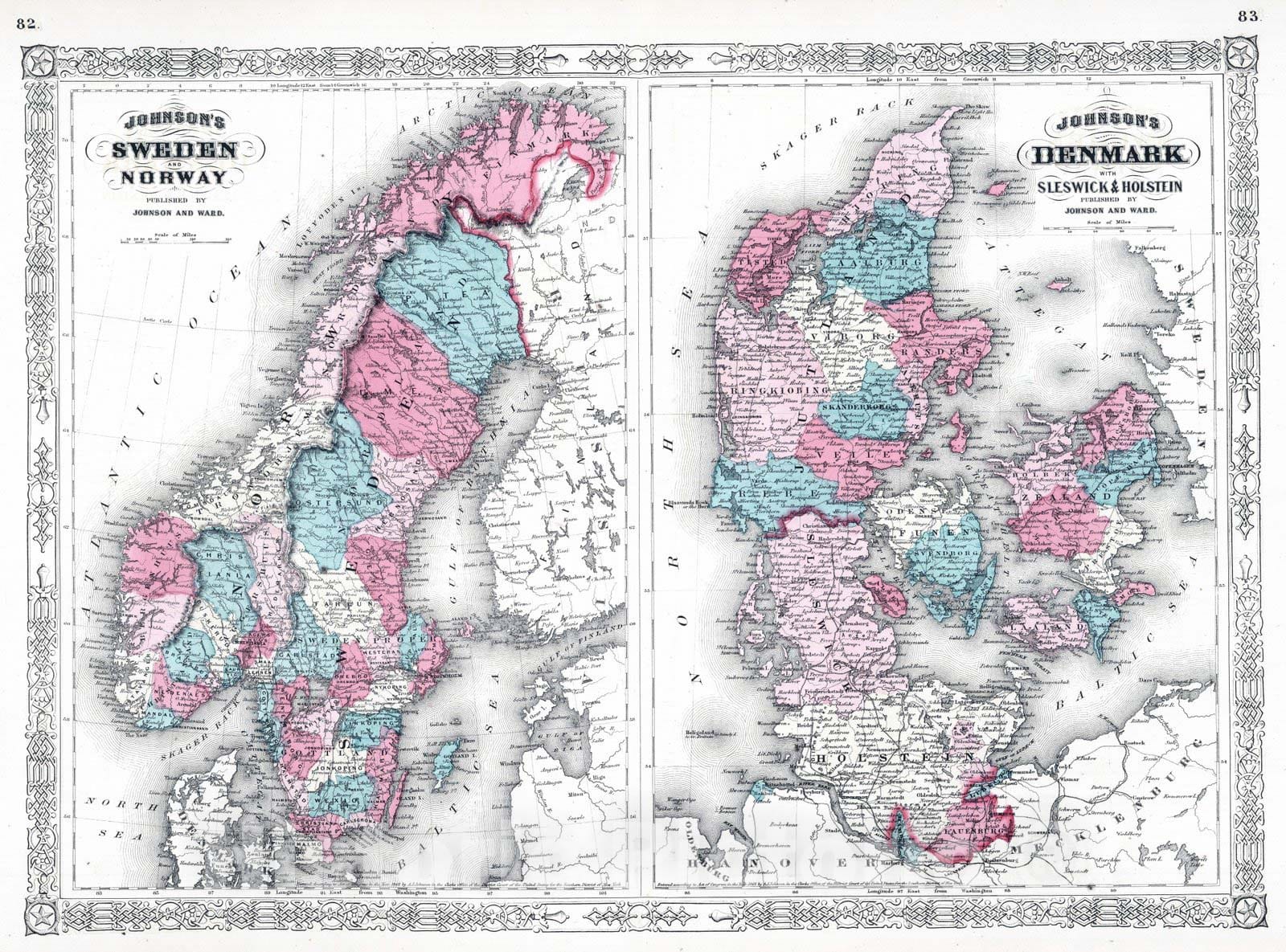 Historic Map : 1865 Sweden, Norway, And Denmark. v2 - Vintage Wall Art