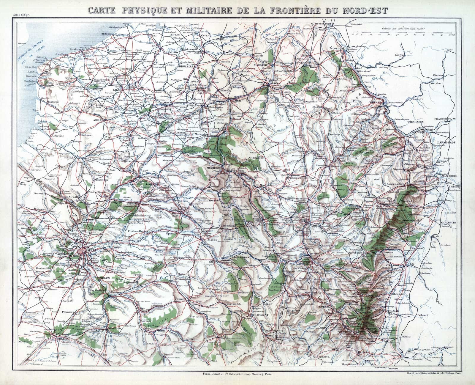 Historic Map : France; Germany, 1882 Carte Physique et Militaire de la Frontiere du Nord-Est. , Vintage Wall Art