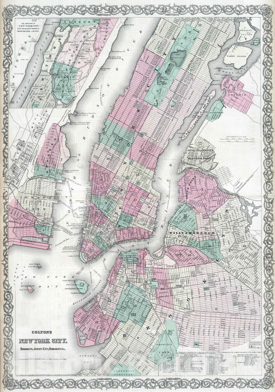 Historic Map : 1869 New York City, Brooklyn, Jersey City, Hoboken. - Vintage Wall Art