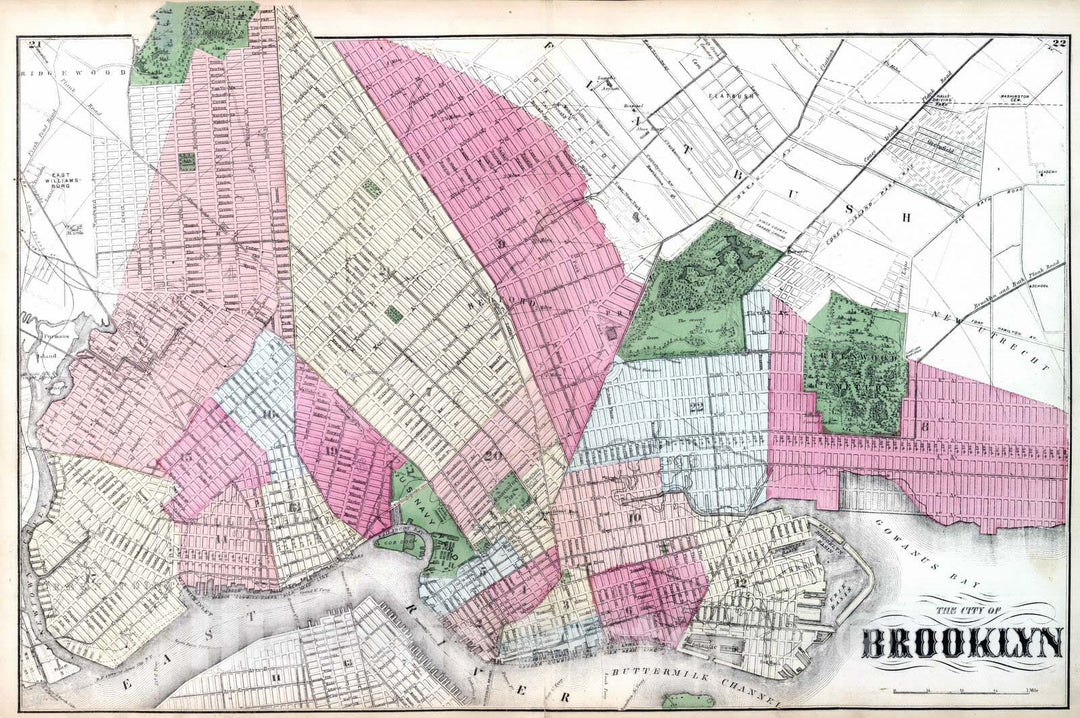 Historic Map : 1873 Brooklyn. Long Island. - Vintage Wall Art