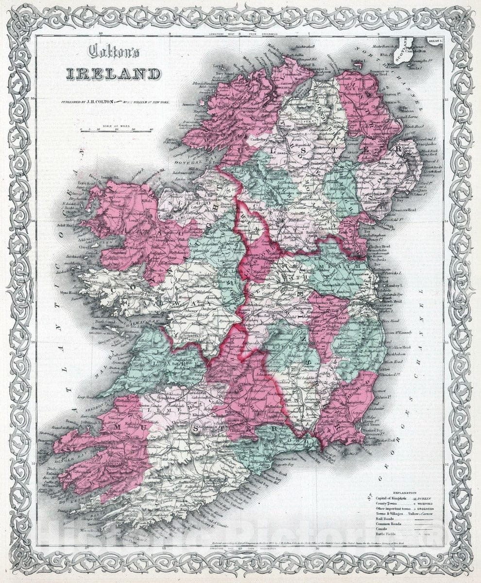 Historic Map : 1865 Ireland. - Vintage Wall Art