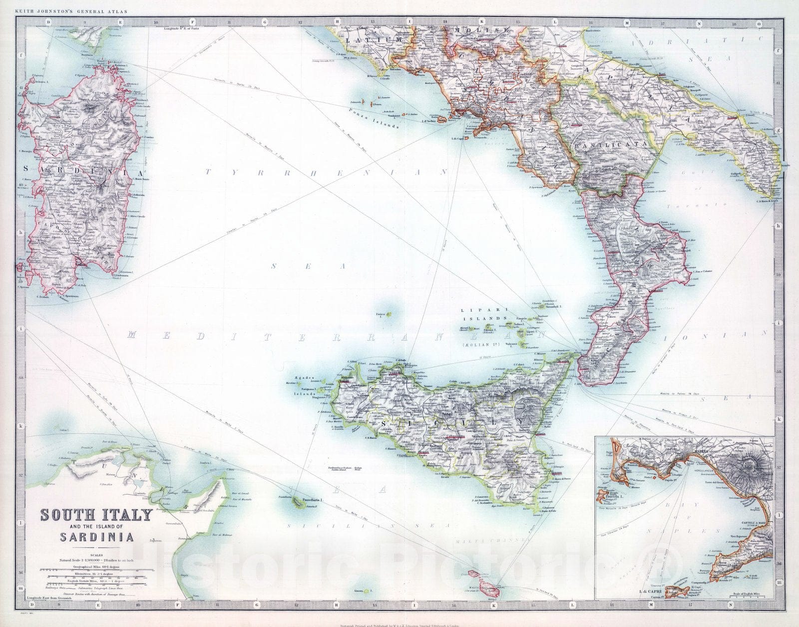 Historic Map : 1911 South Italy and the Island of Sardinia. - Vintage Wall Art