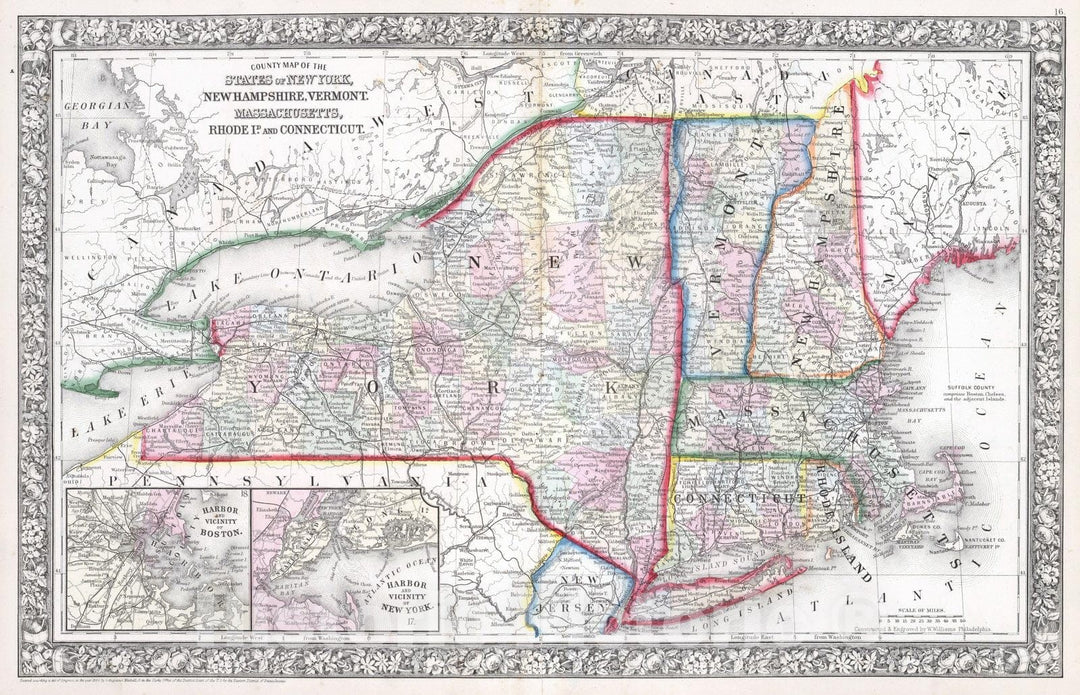 Historic Map : 1865 County map of the State of New York, New Hampshire, Vermont. Massachusetts, Rhode Id. Connecticut - Vintage Wall Art