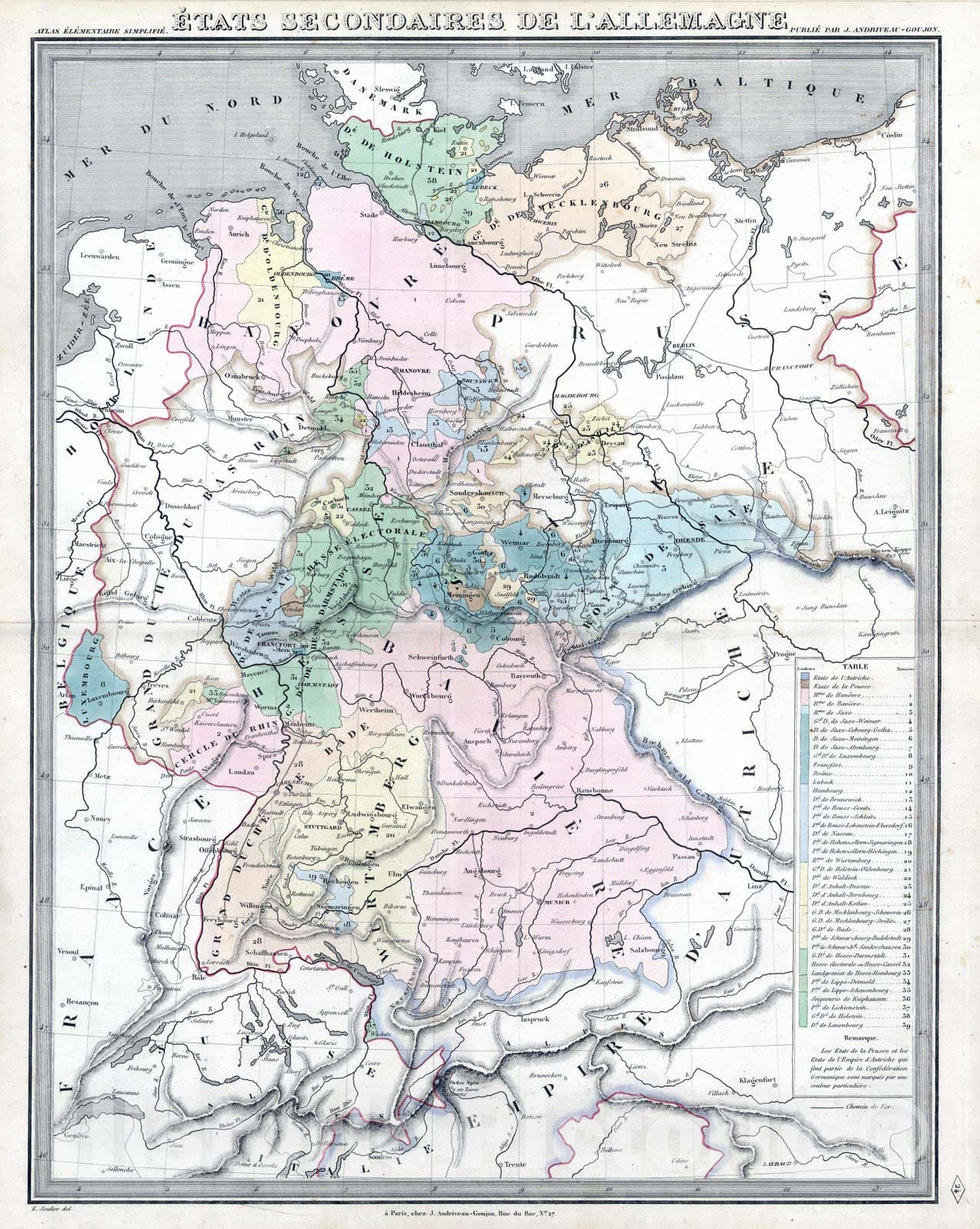 Historic Map : Germany, 1838 Etats Secondaires de L'Allemagne. , Vintage Wall Art