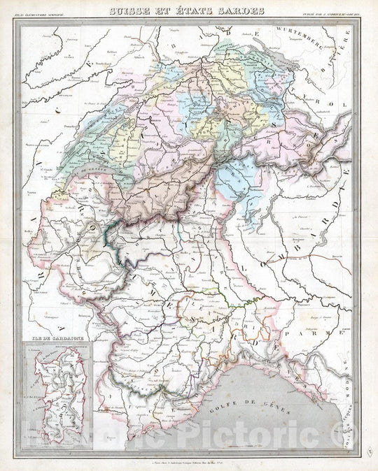 Historic Wall Map : Italy; Switzerland, 1838 Suisse et Etats Sardee. , Vintage Wall Art