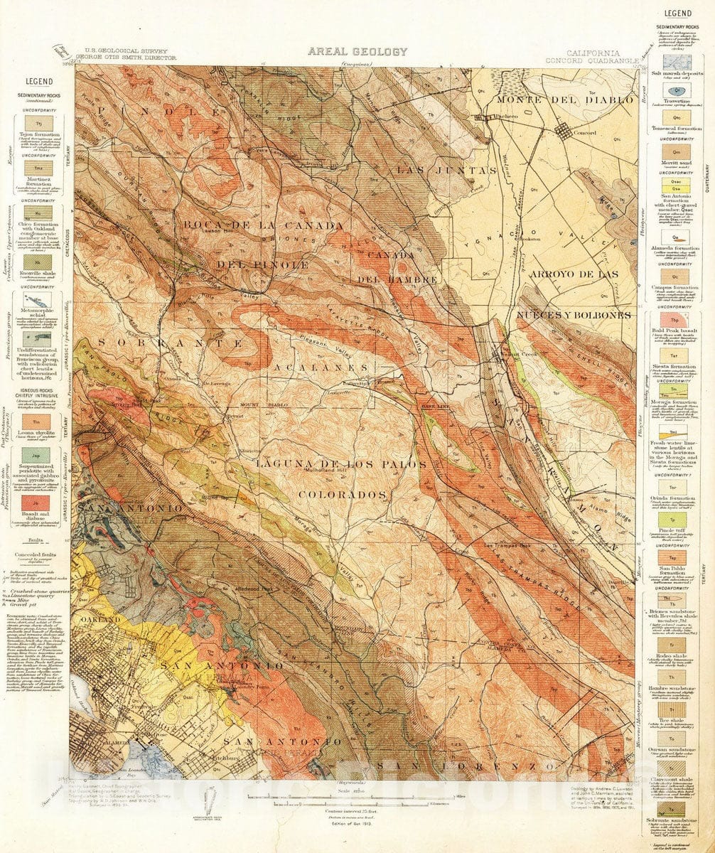 Historic Map : Geologic Atlas - 1913 Concord Quadrangle. Areal Geology. - Vintage Wall Art