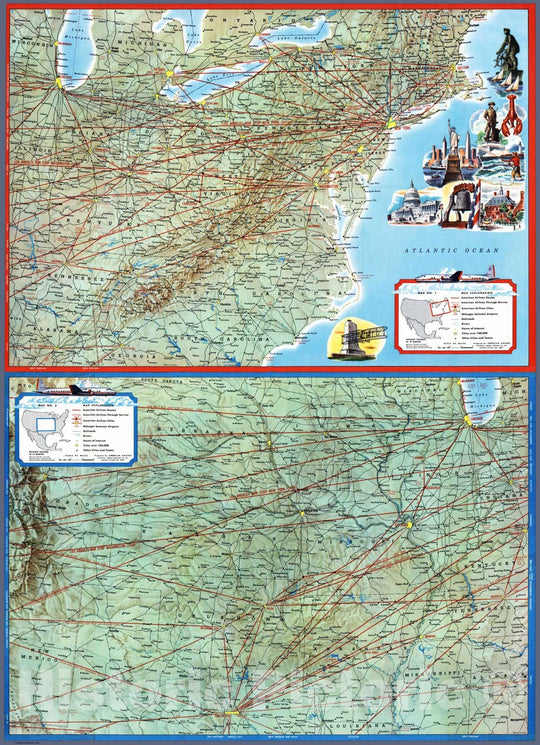 Historic Map : 1946 American Airlines Map No.1 (Eastern U.S.) Map No.2 (Central U.S.) - Vintage Wall Art