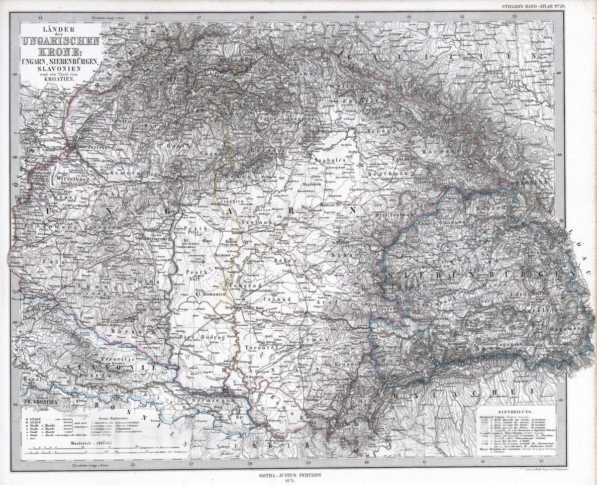 Historic Wall Map : Hungary; Slovenia; Croatia, Transylvania 1871 Laender der Ungarischen Krone, Vintage Wall Art