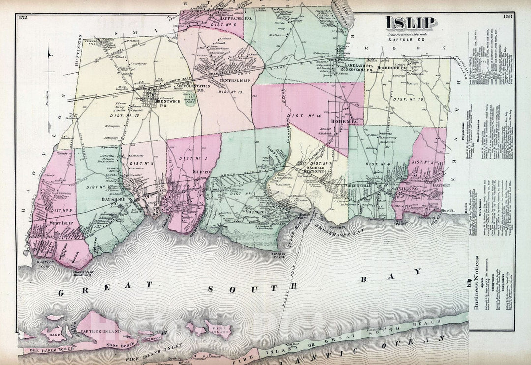 Historic Map : 1873 Islip. Islip Business Notices. Long Island. - Vintage Wall Art