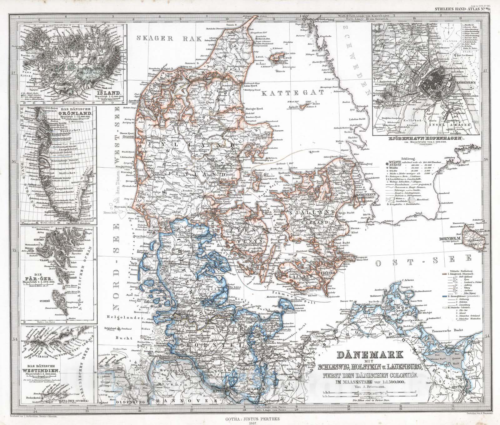 Historic Map : Denmark; Iceland, 1867 Danemark mit Schleswig, Holstein, und Laeenburg. (Sweden, Norway, Denmark, Faroe Island, Greenland). , Vintage Wall Art