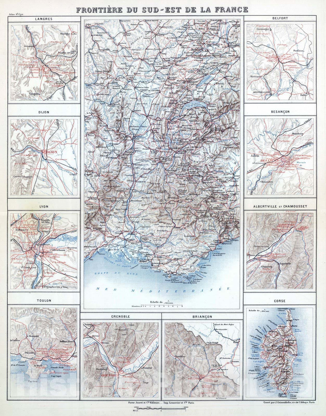 Historic Map : France; Italy, 1882 Frontiere du Sud-Est de la France. , Vintage Wall Art